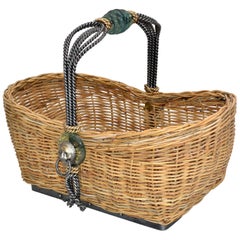 Vintage Maitland Smith Wicker Reed, Wrought Iron, Glass & Brass Lion Head Basket
