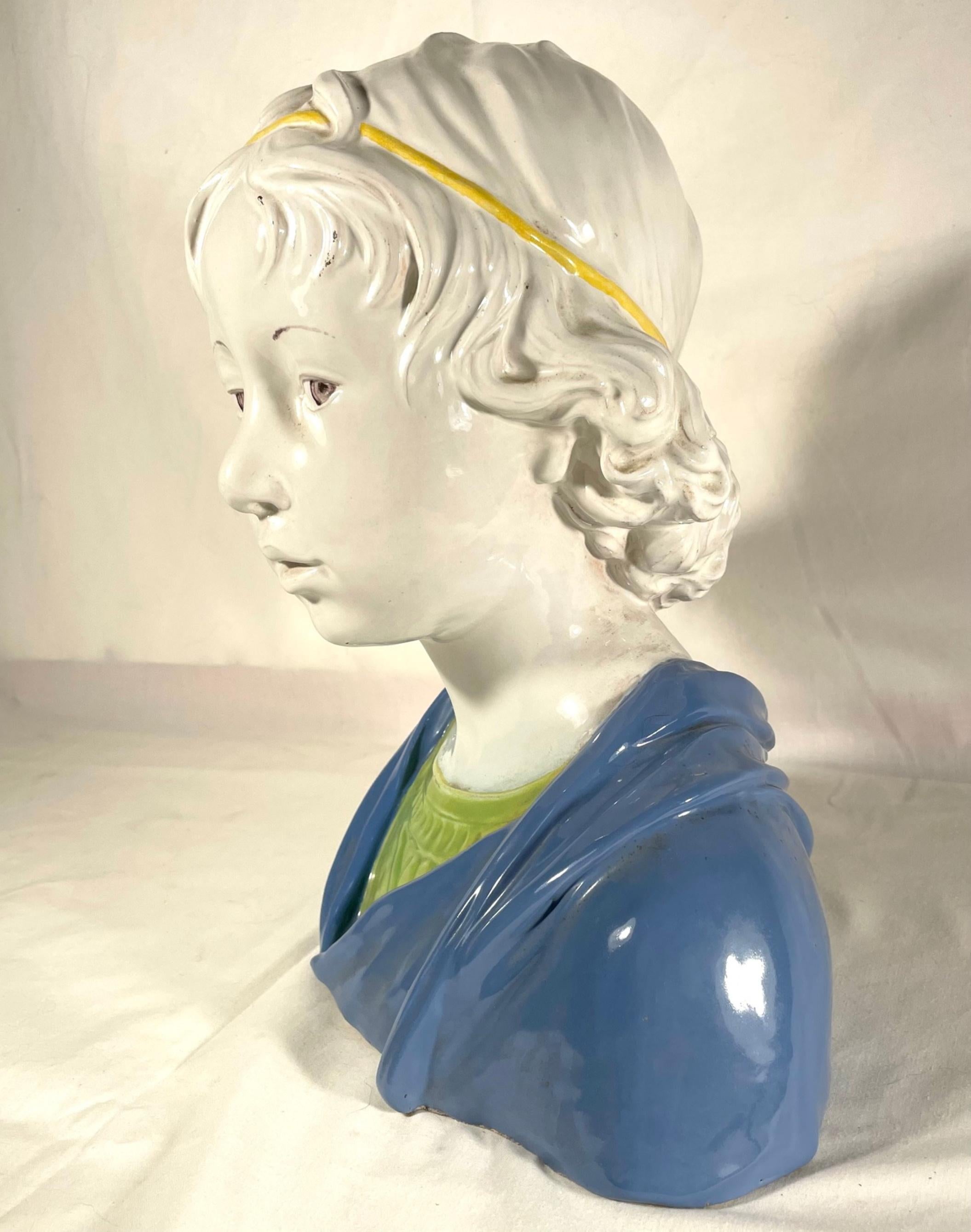 Renaissance Vintage Majolica Bust of a Young Boy After Della Robbia