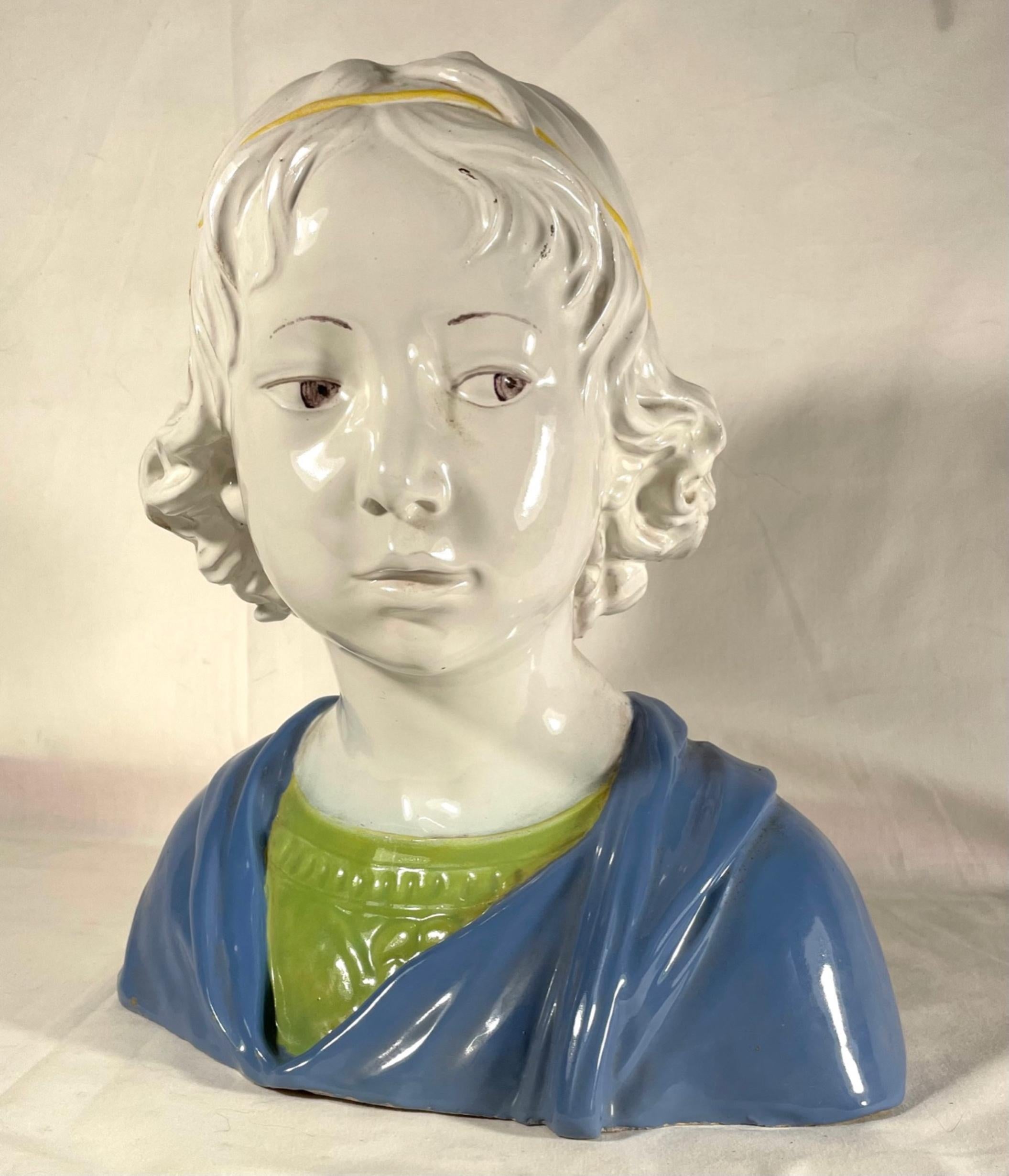 Italian Vintage Majolica Bust of a Young Boy After Della Robbia