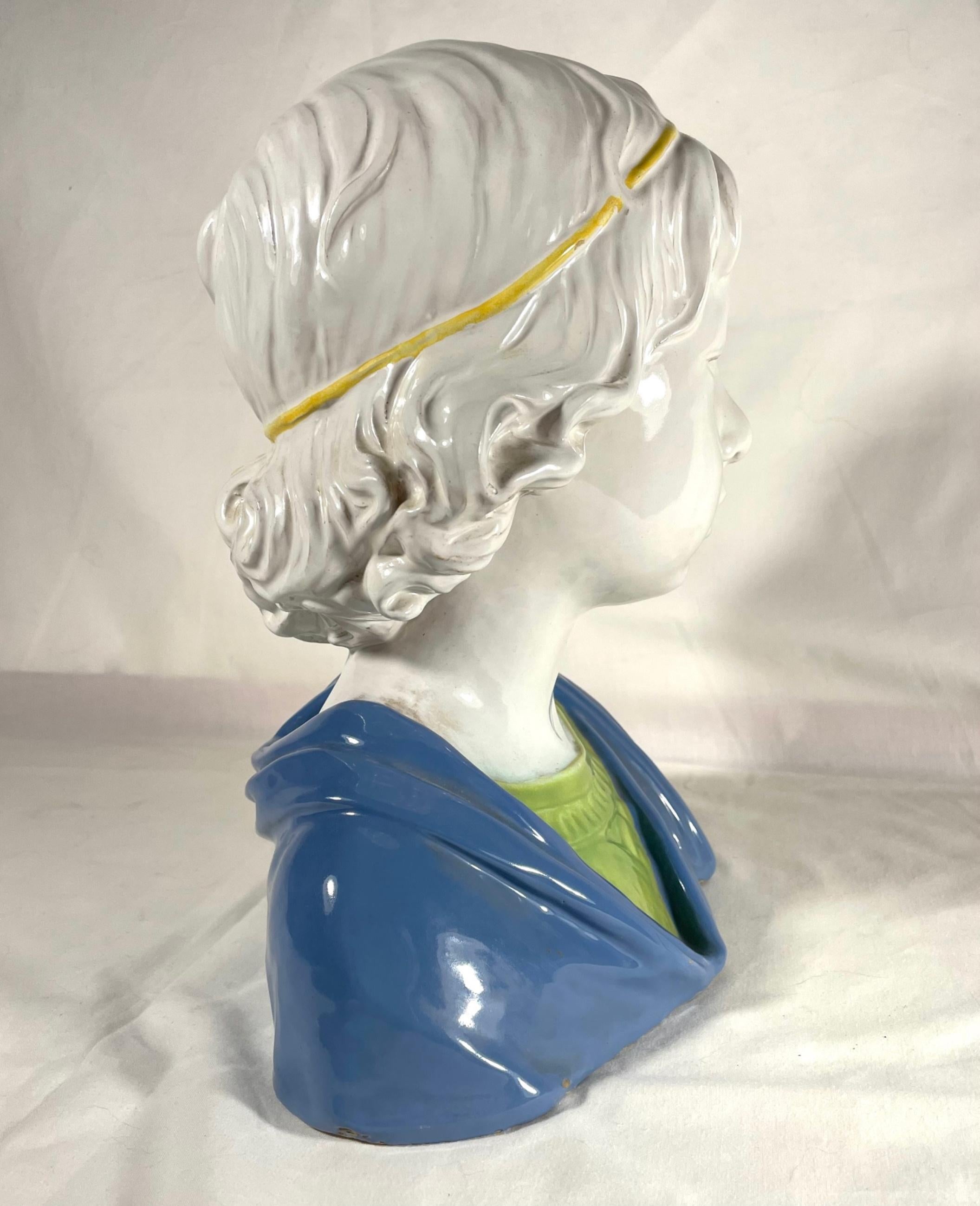 Glazed Vintage Majolica Bust of a Young Boy After Della Robbia