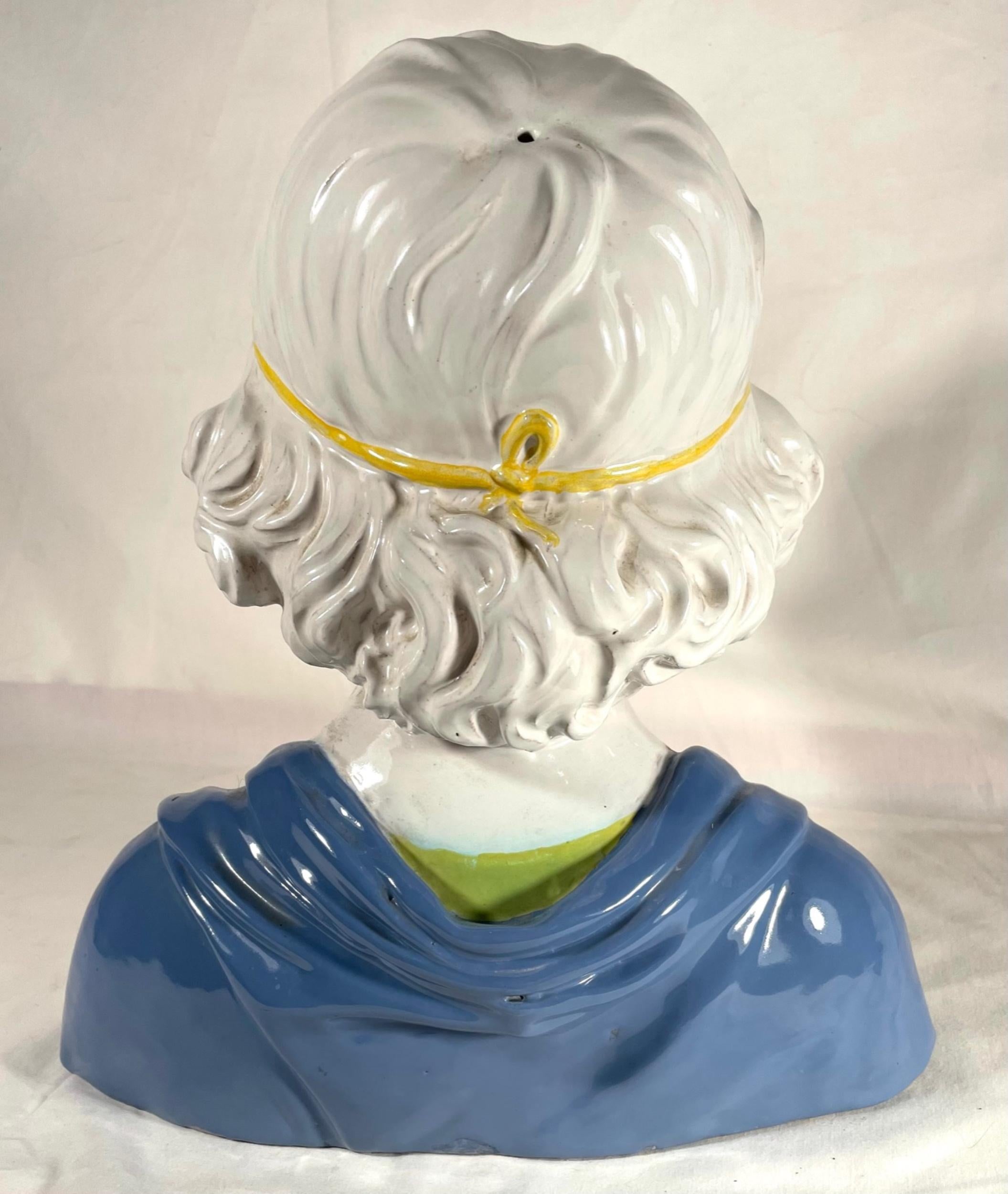 Vintage Majolica Bust of a Young Boy After Della Robbia In Good Condition In Vero Beach, FL