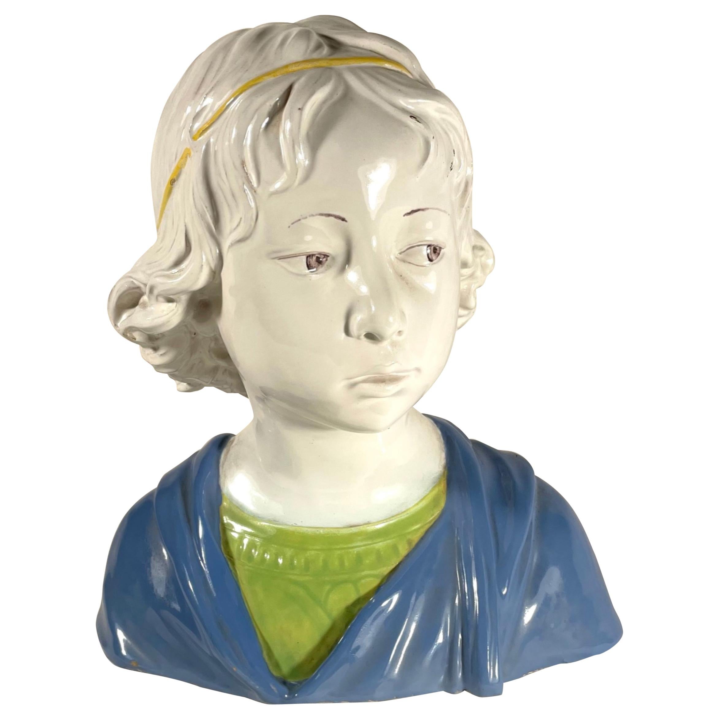 Vintage Majolica Bust of a Young Boy After Della Robbia
