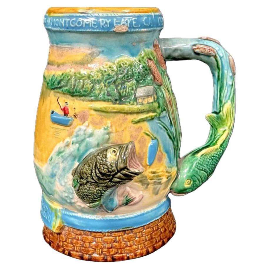 Vintage Majolica Ceramic Fisherman
s Tankard For Sale