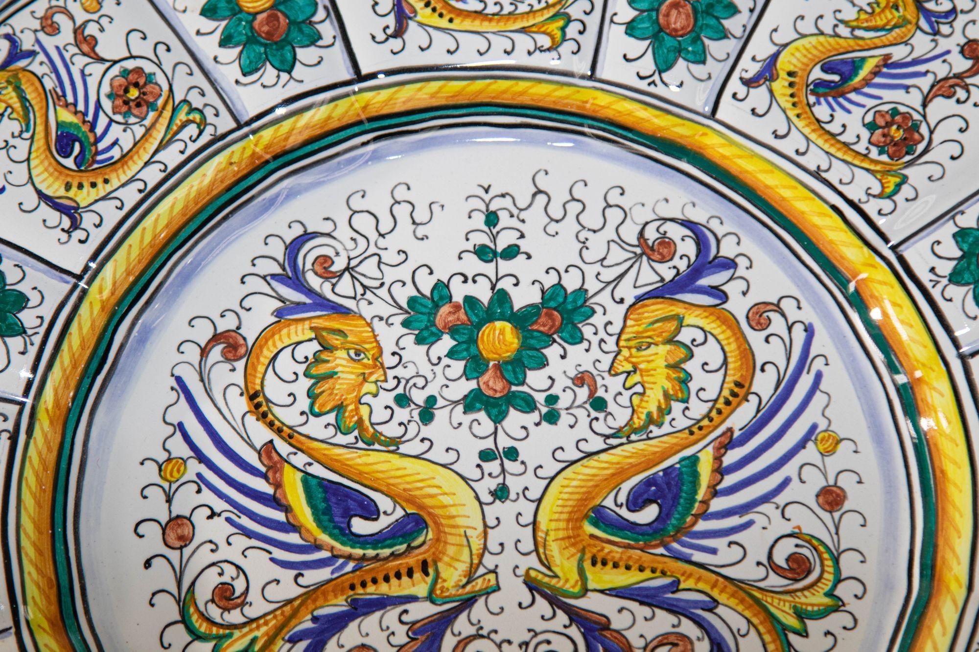 Folk Art Vintage Majolica Deruta Raffaellesco Decorative Ceramic Wall Plate 14'75 inches For Sale
