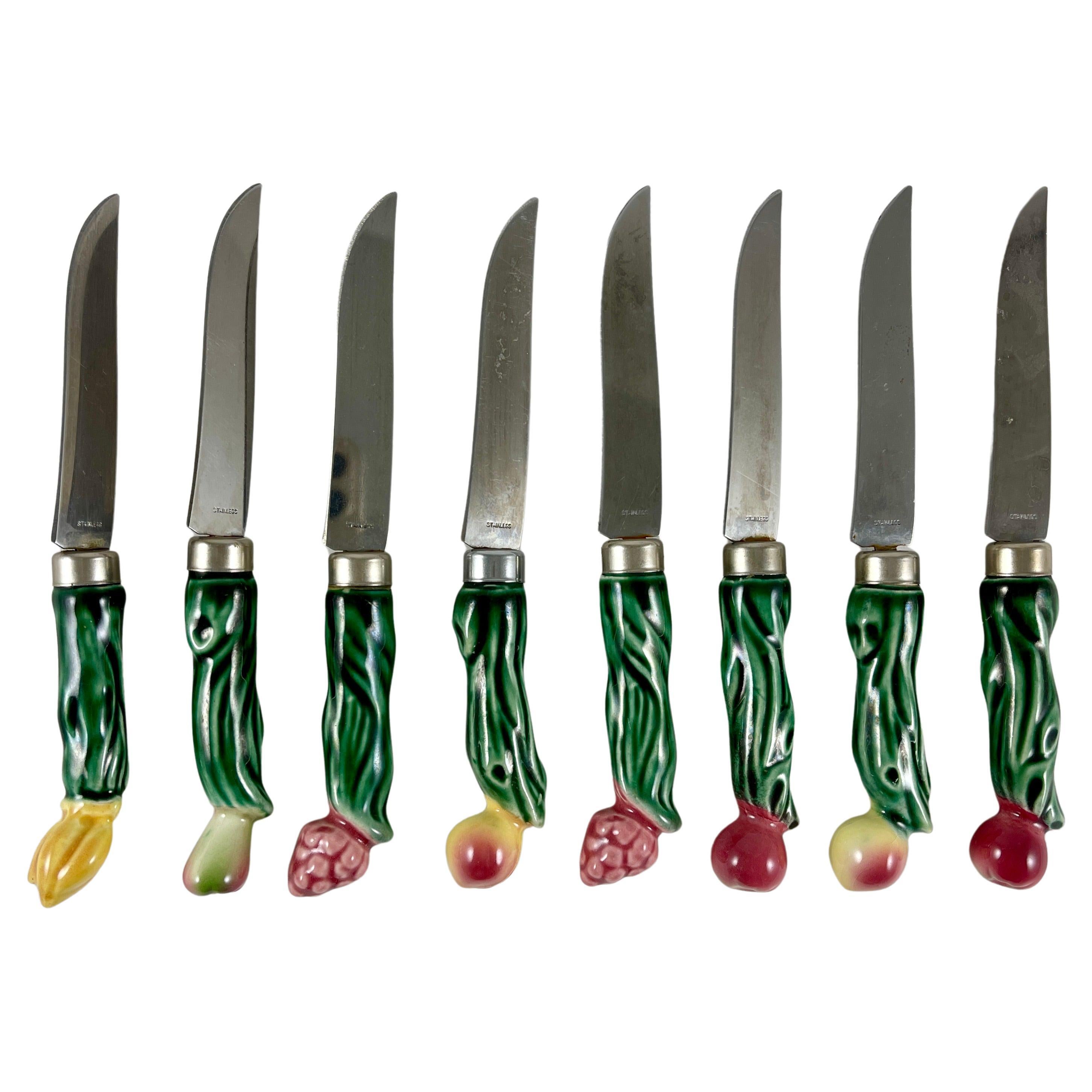 Vintage Majolica Glazed Ceramic Handled Stainless Steel Fruit Knives