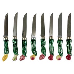 Vintage Majolica Glazed Ceramic Handled Stainless Steel Fruit Knives, Set of 8