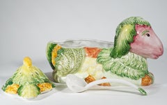 Vintage Majolica Lamb, Cabbage, and Vegetables Tureen, Italy Hand-painted