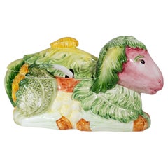 Vintage Majolica Lamb, Cabbage, and Vegetables Tureen, Italy Hand-painted