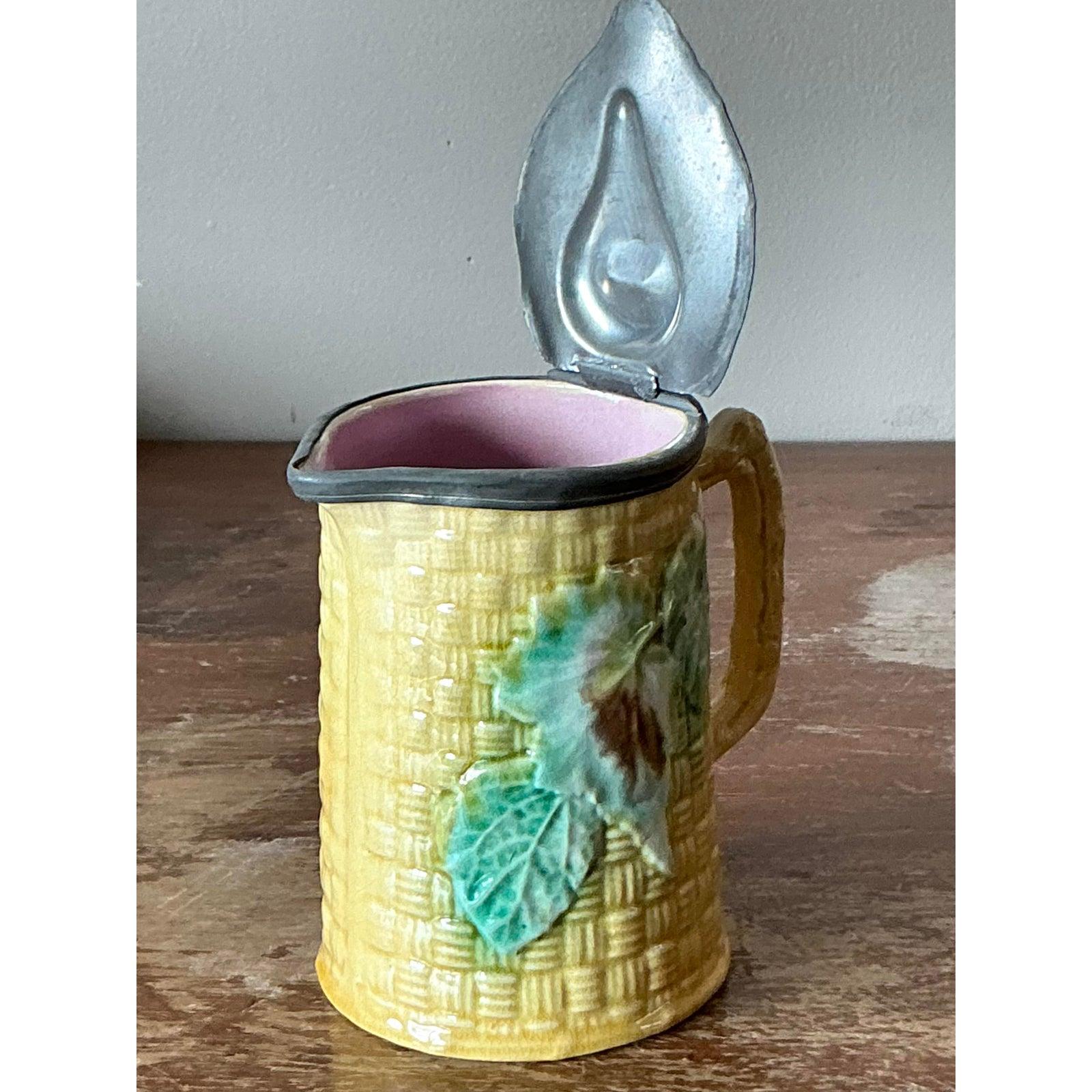 British Vintage Majolica Lidded Ceramic Pitcher For Sale
