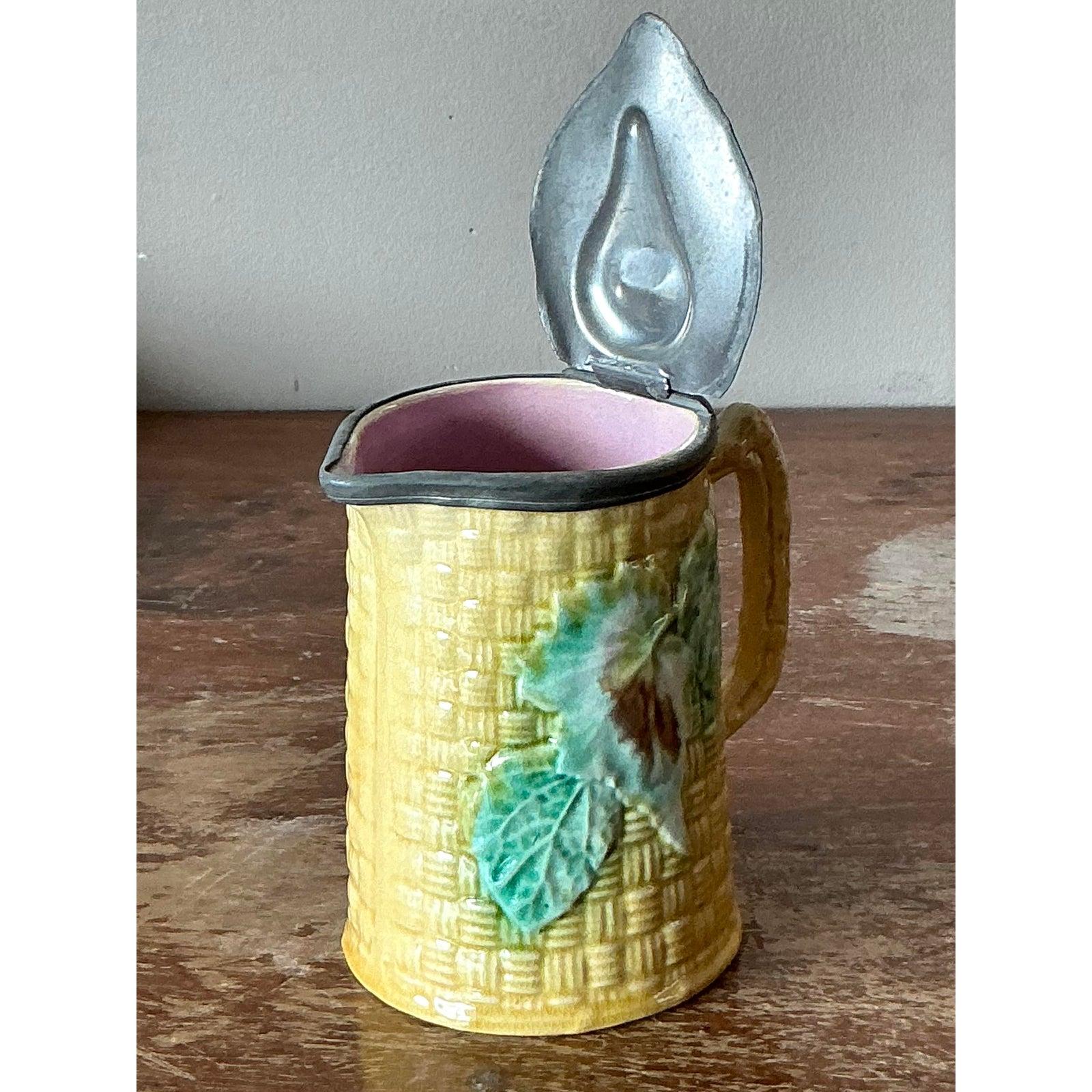 Vintage Majolica Lidded Ceramic Pitcher In Good Condition For Sale In West Palm Beach, FL