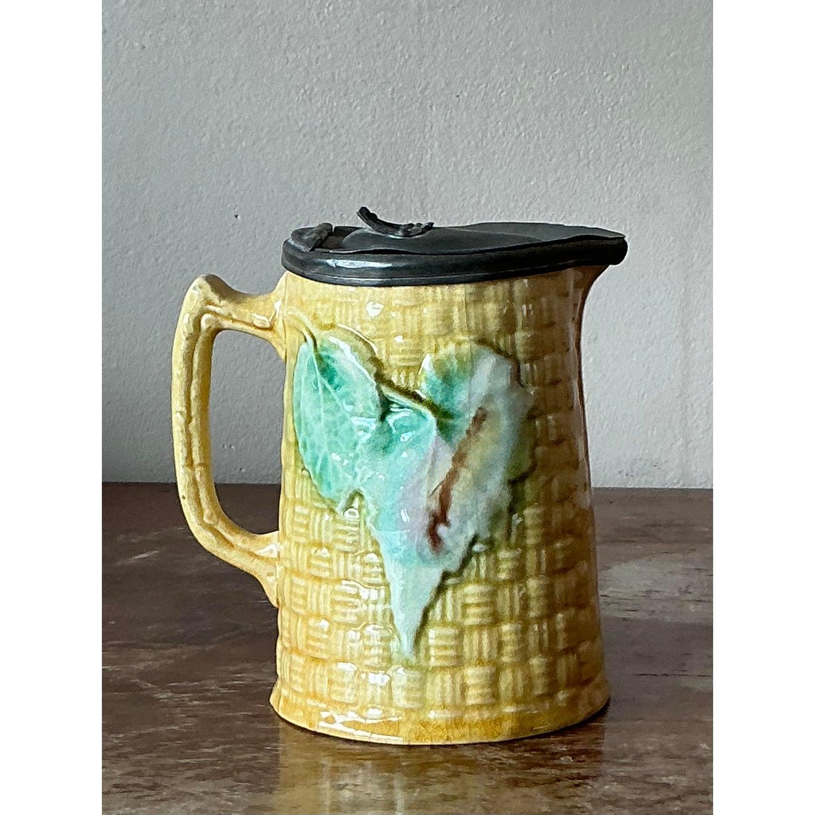 19th Century Vintage Majolica Lidded Ceramic Pitcher For Sale