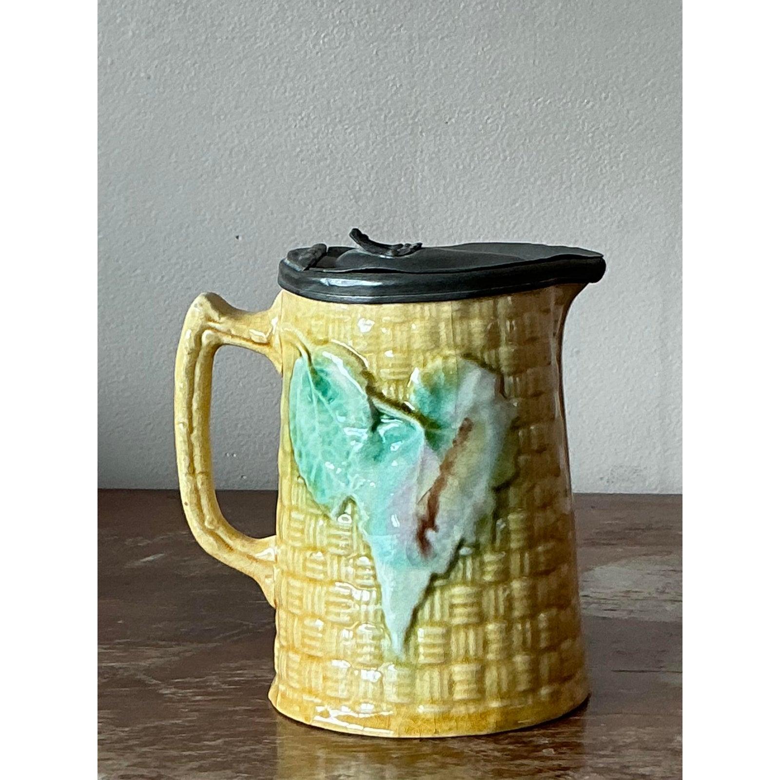 Pottery Vintage Majolica Lidded Ceramic Pitcher For Sale