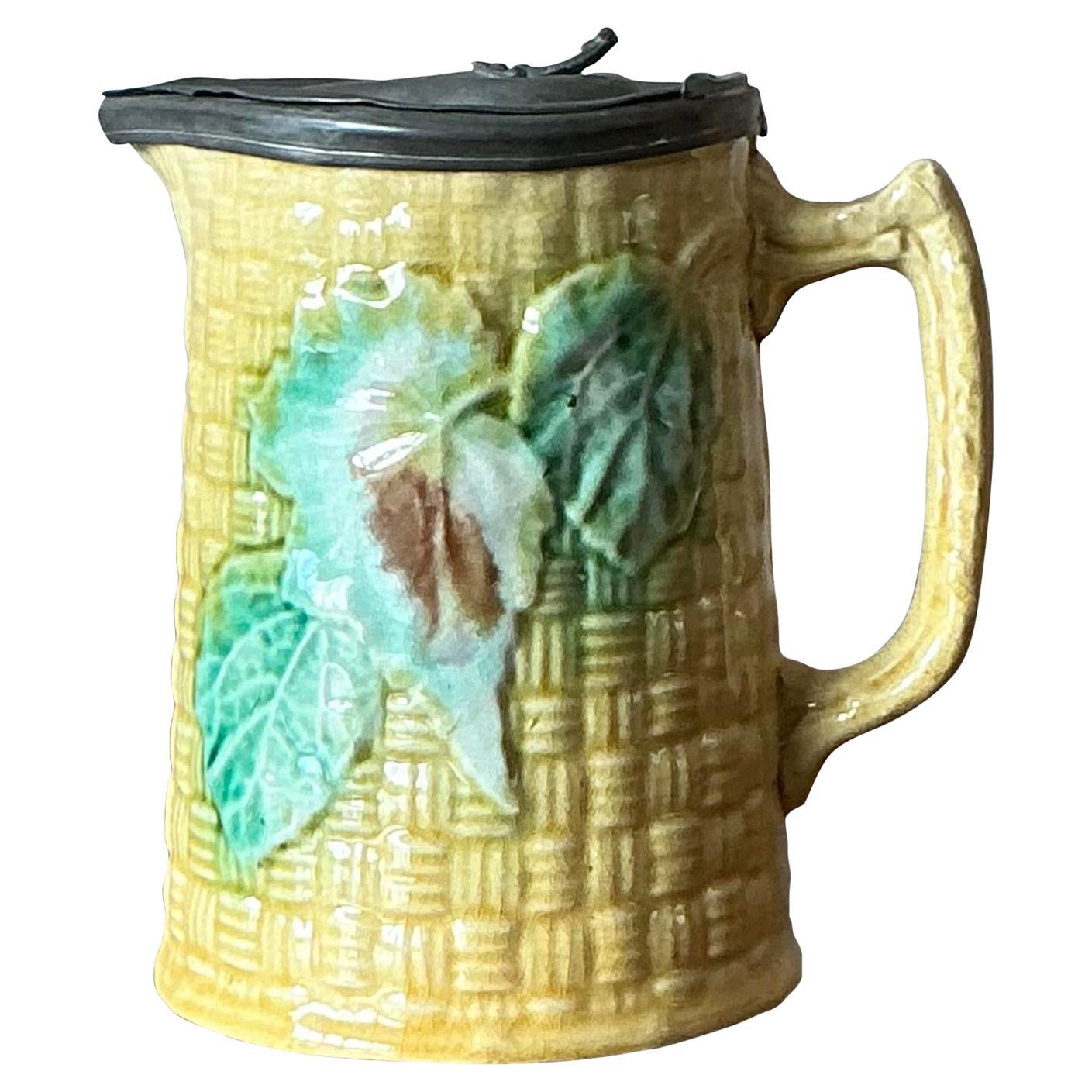 Vintage Majolica Lidded Ceramic Pitcher For Sale
