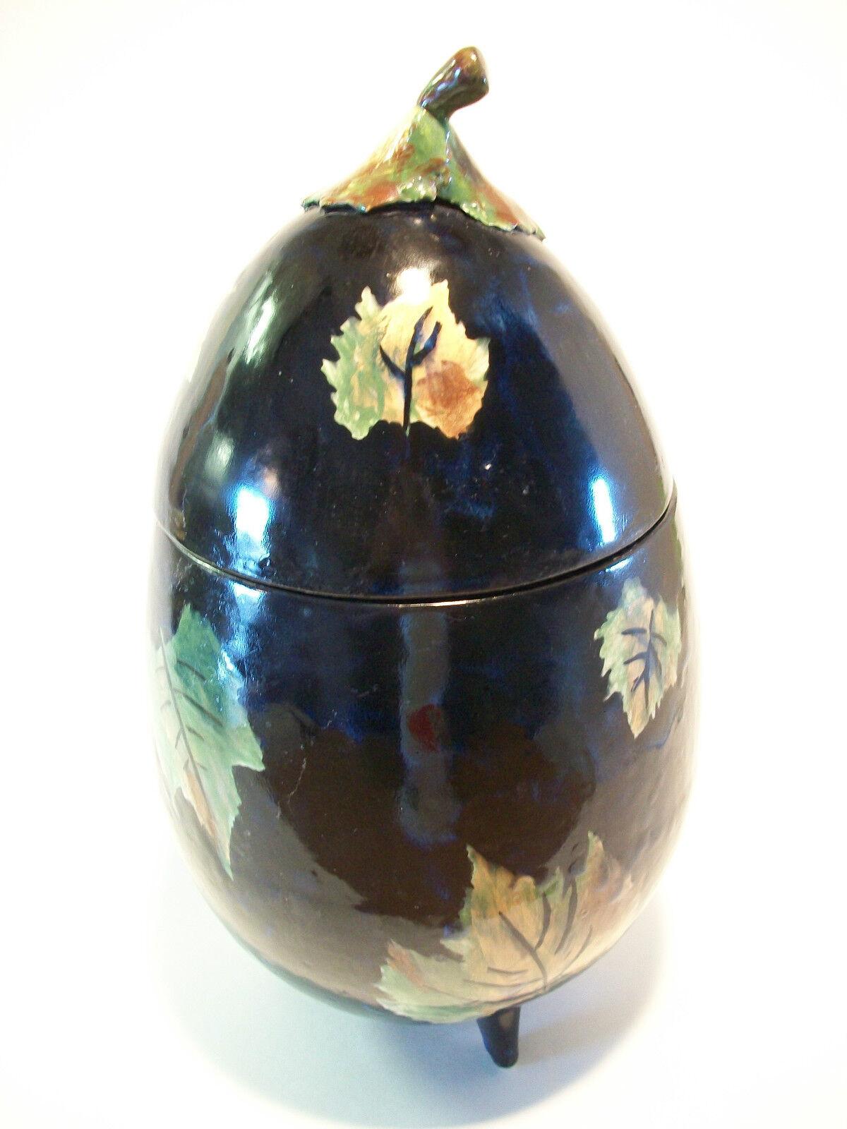 Folk Art Vintage Majolica Lidded Jar - Eggplant Form - Hand Painted Leaves - 20th Century For Sale