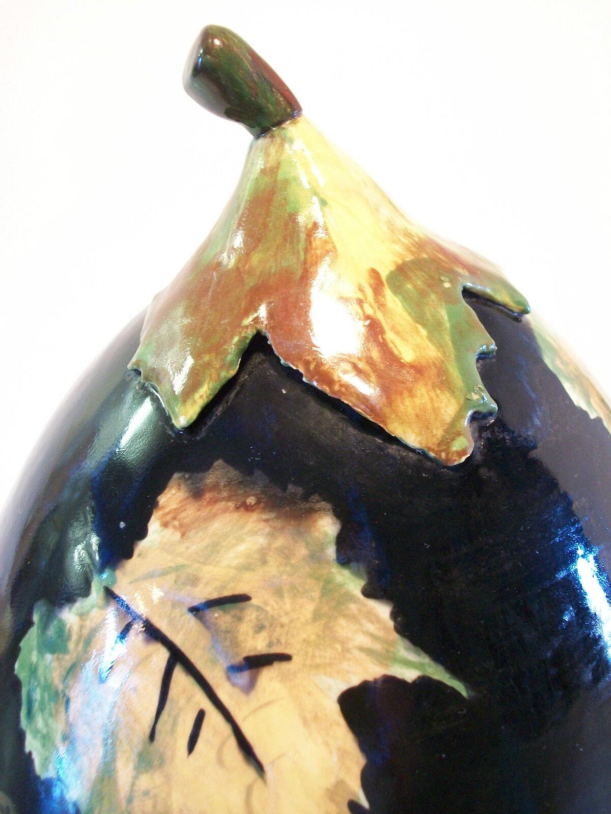 Ceramic Vintage Majolica Lidded Jar - Eggplant Form - Hand Painted Leaves - 20th Century For Sale
