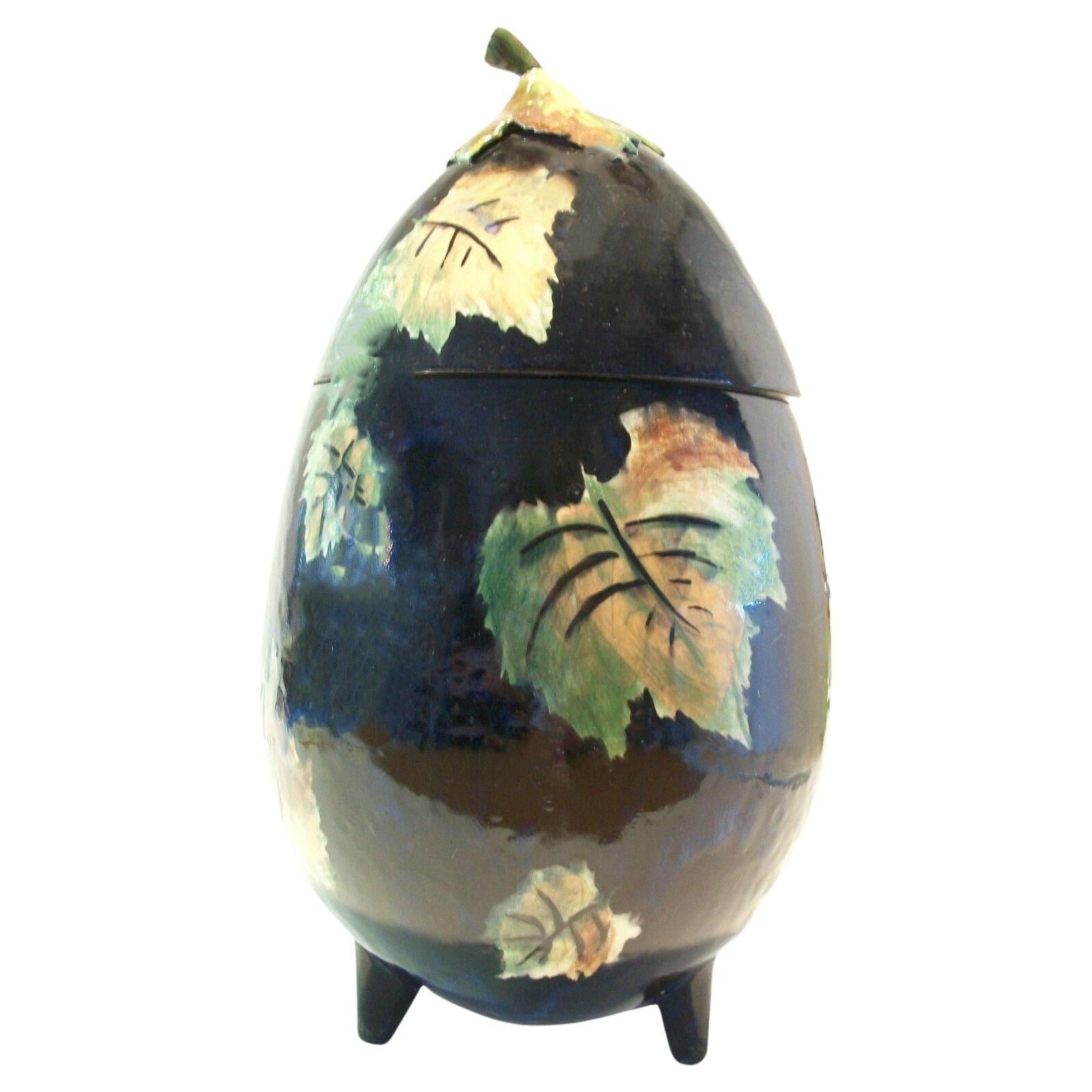 Vintage Majolica Lidded Jar - Eggplant Form - Hand Painted Leaves - 20th Century For Sale