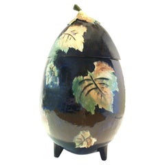 Retro Majolica Lidded Jar - Eggplant Form - Hand Painted Leaves - 20th Century