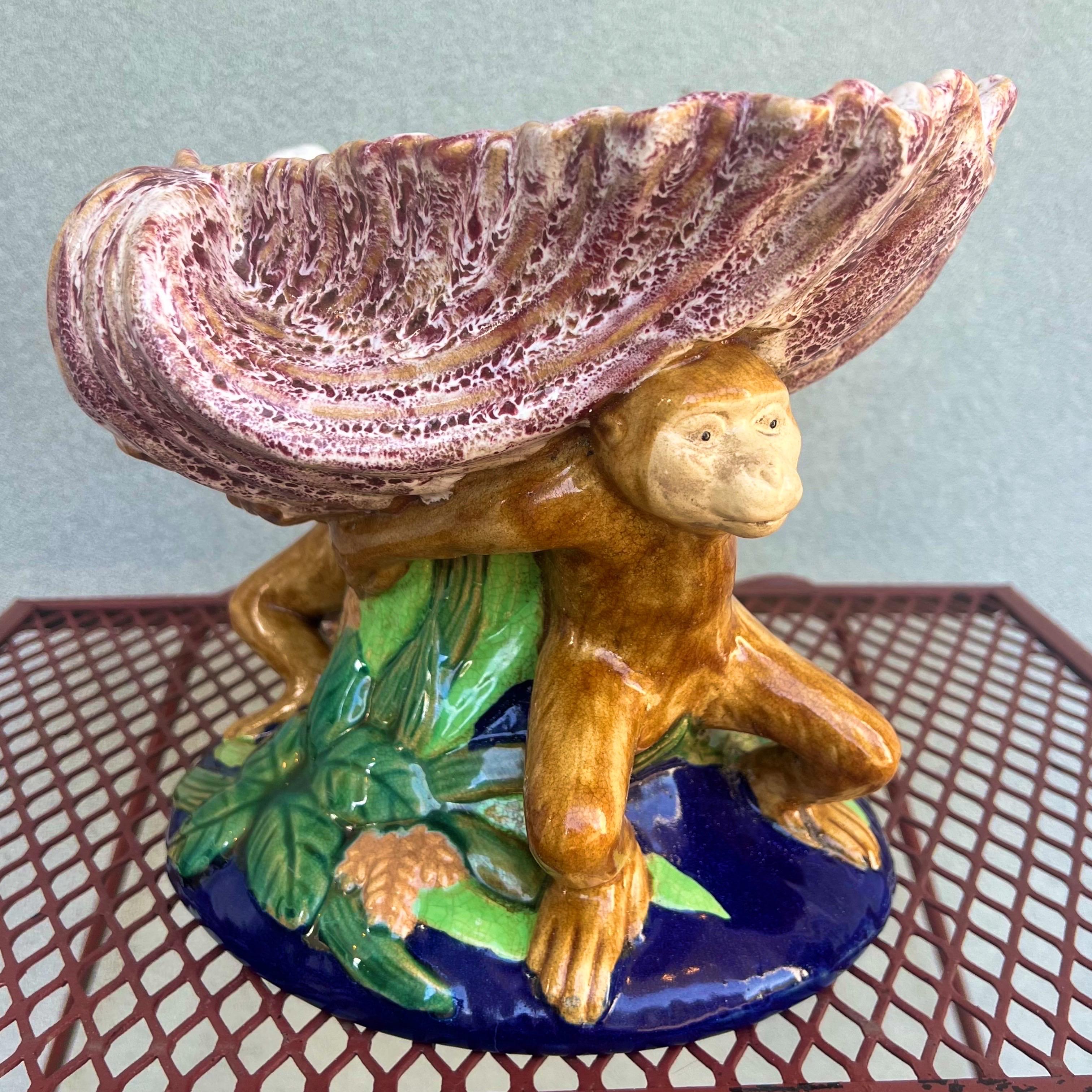 Ceramic Vintage Majolica Monkey Sea Shell Centerpiece Fruit Bowl