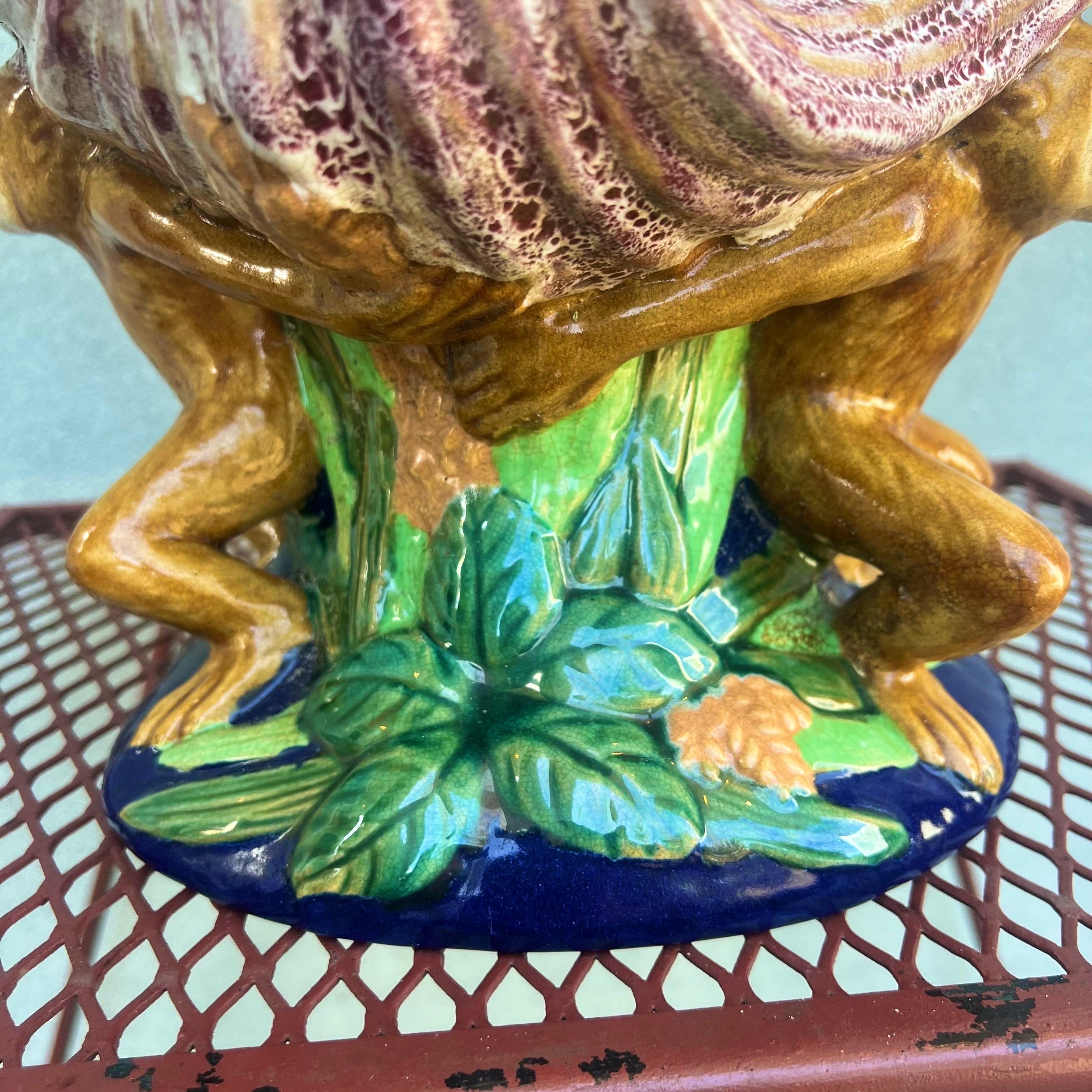 Vintage Majolica Monkey Sea Shell Centerpiece Fruit Bowl 1