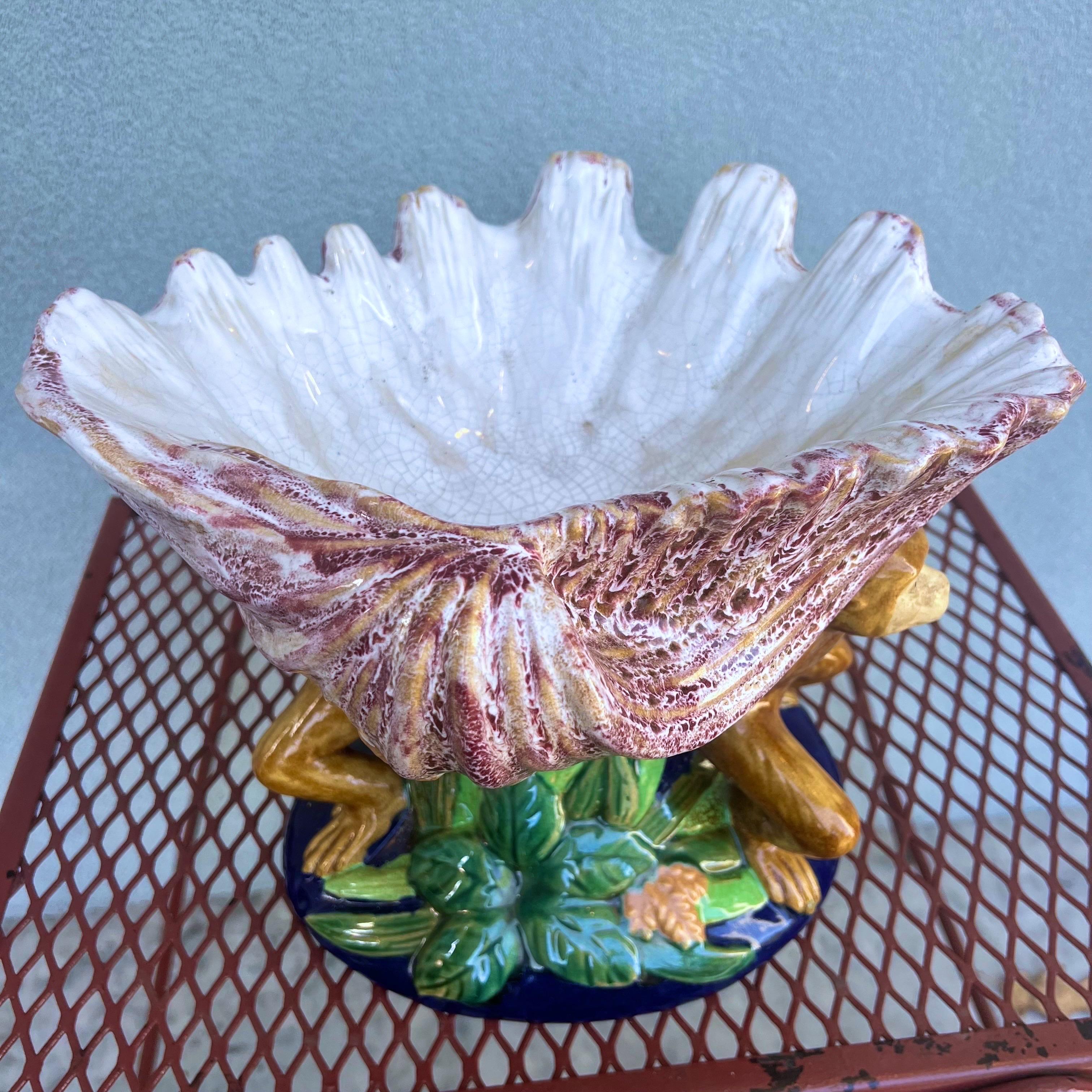 Vintage Majolica Monkey Sea Shell Centerpiece Fruit Bowl 2