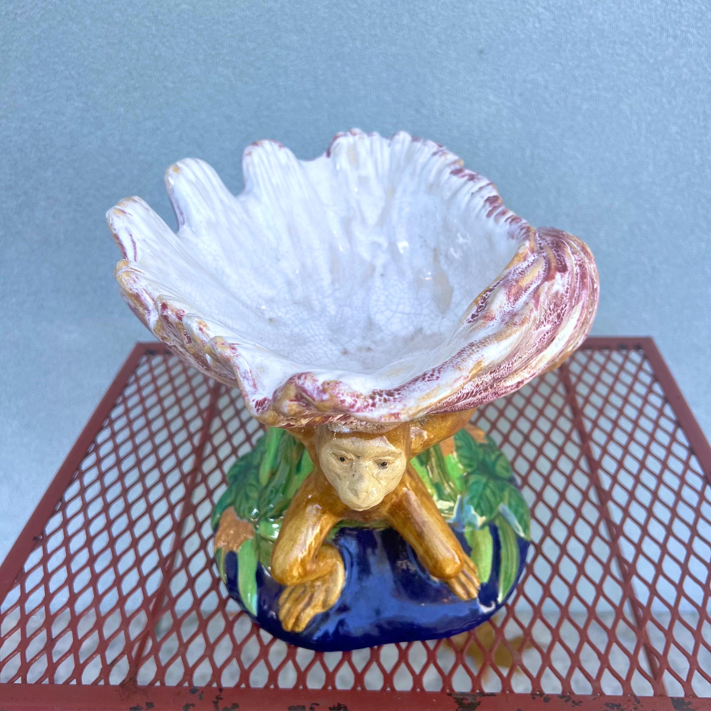 Mid-Century Modern Vintage Majolica Monkey Sea Shell Centerpiece Fruit Bowl
