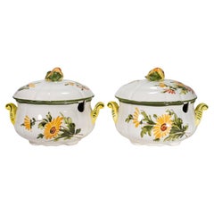 Vintage Majolica Pair of Tureens with Lids, Italy Hand-painted