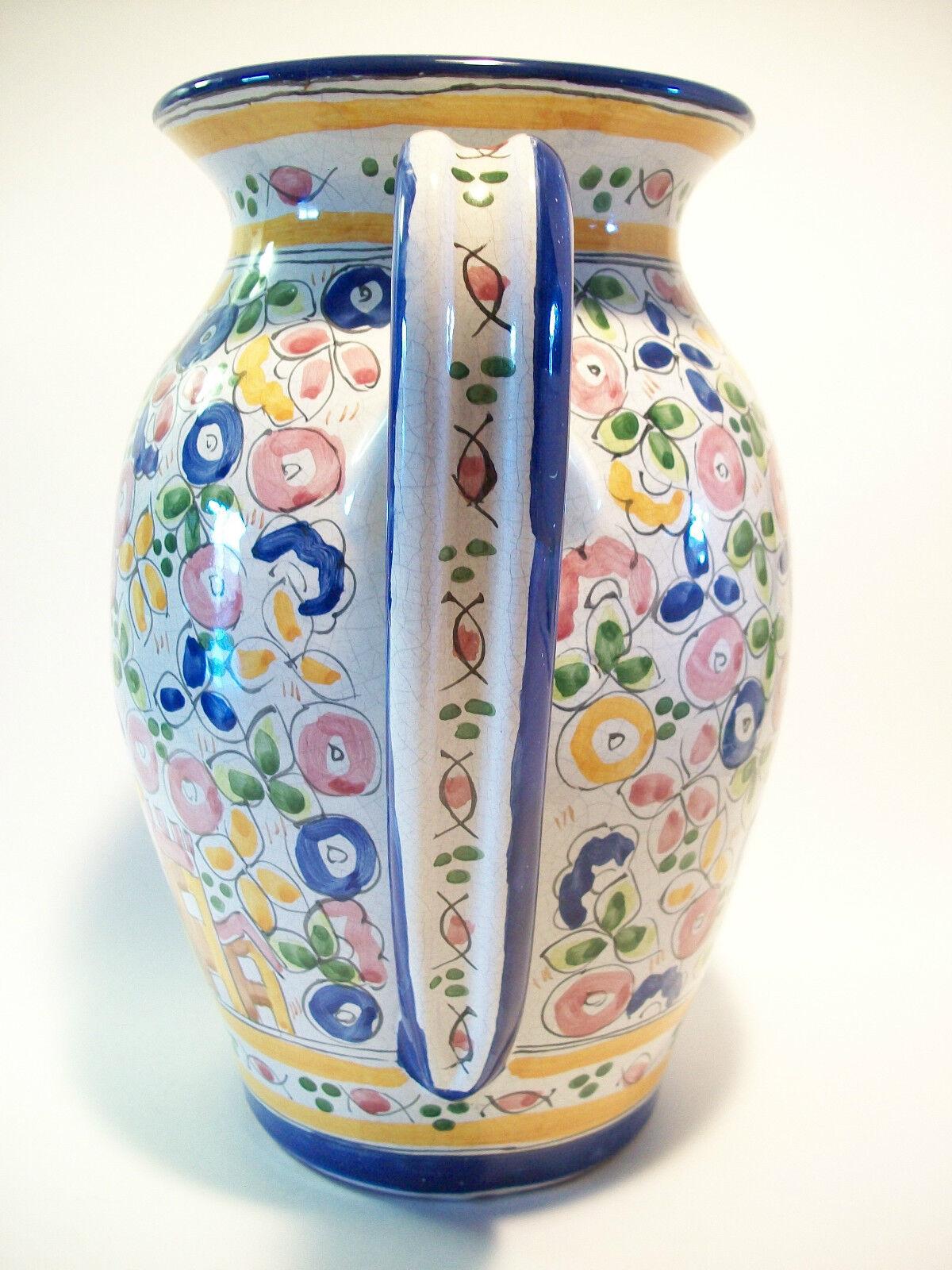 Country Vintage Majolica Pitcher - Hand Painted Tin Glaze - Portugal - circa 1943 For Sale