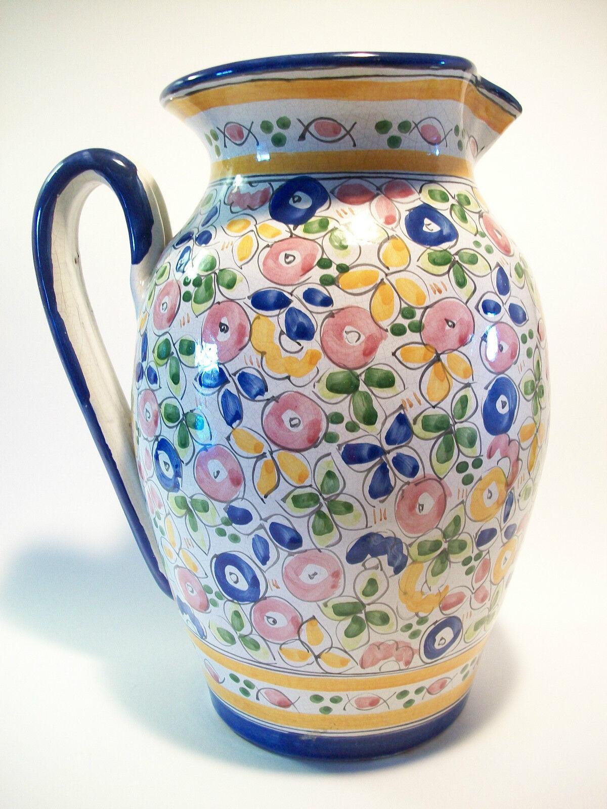 Portuguese Vintage Majolica Pitcher - Hand Painted Tin Glaze - Portugal - circa 1943 For Sale