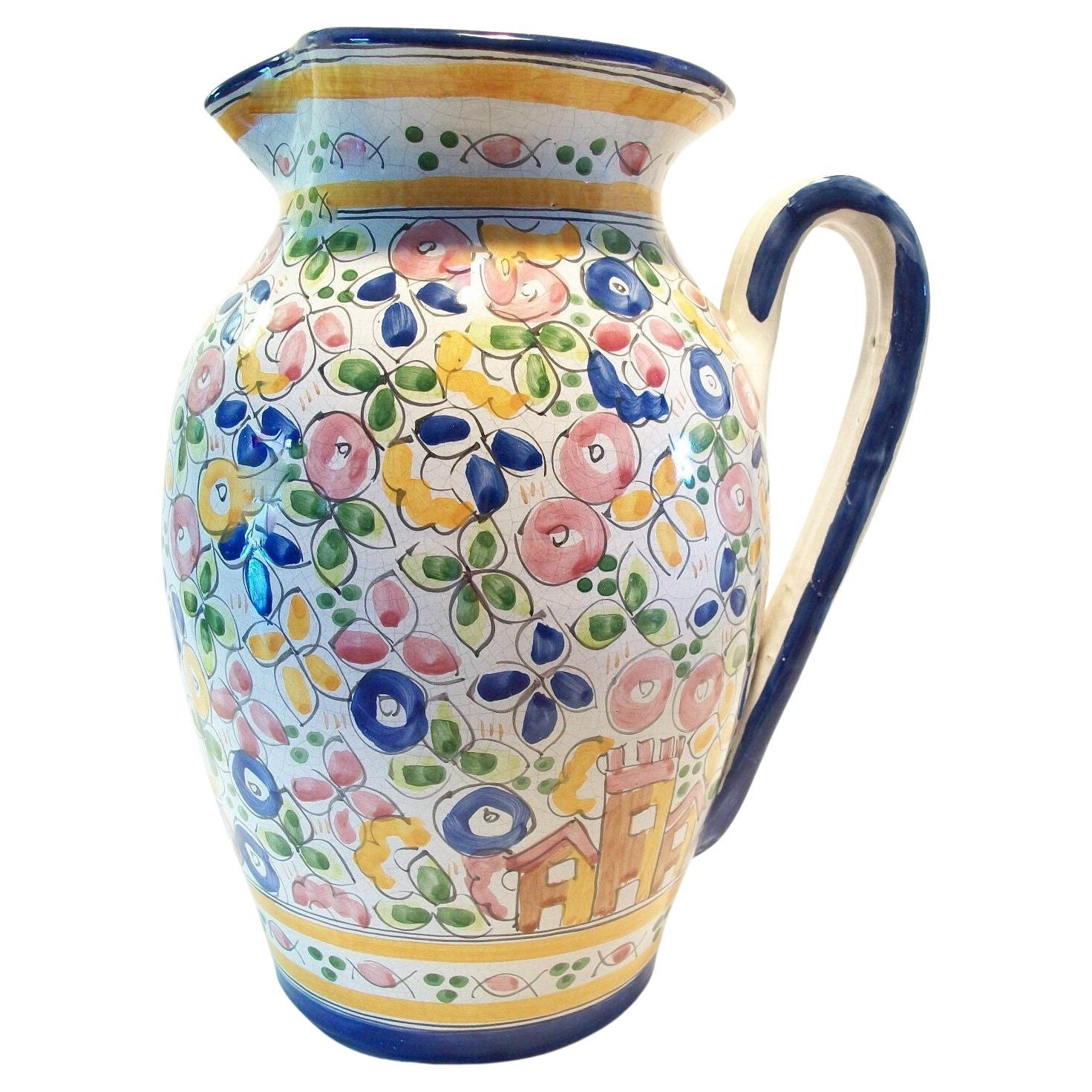 Vintage Majolica Pitcher - Hand Painted Tin Glaze - Portugal - circa 1943 For Sale