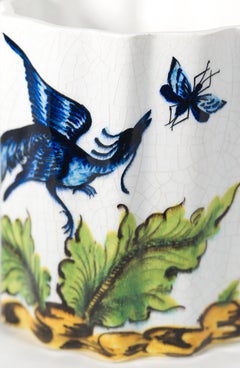 Vintage Majolica Scalloped Vase Hunting Bird, Italy 1950s