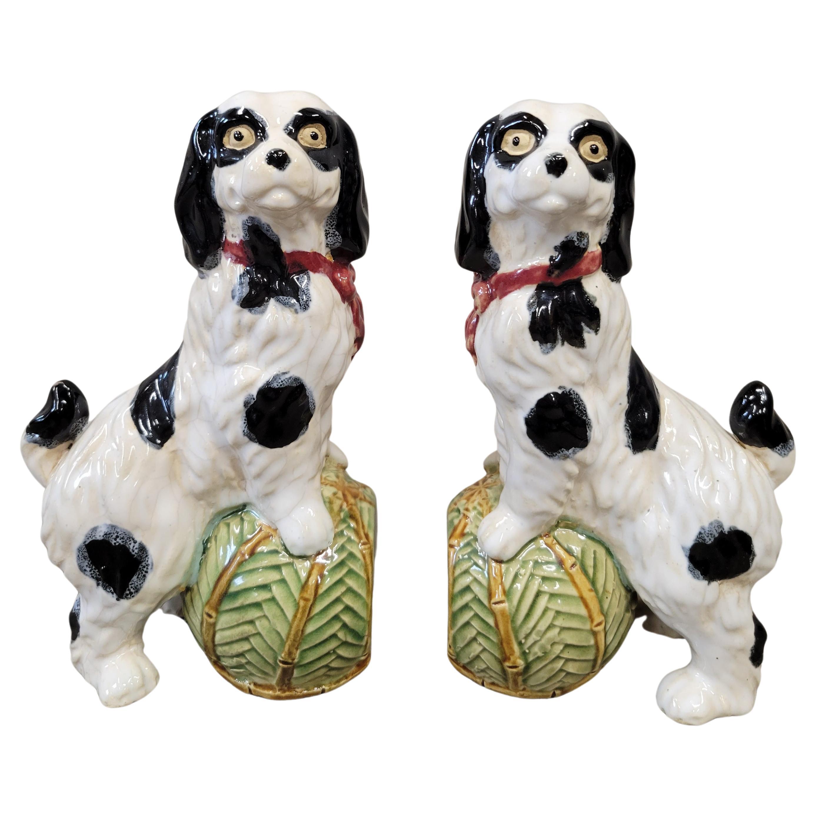 Vintage Majolica Staffordshire Cavalier King Charles Spaniel Bookends - a Pair