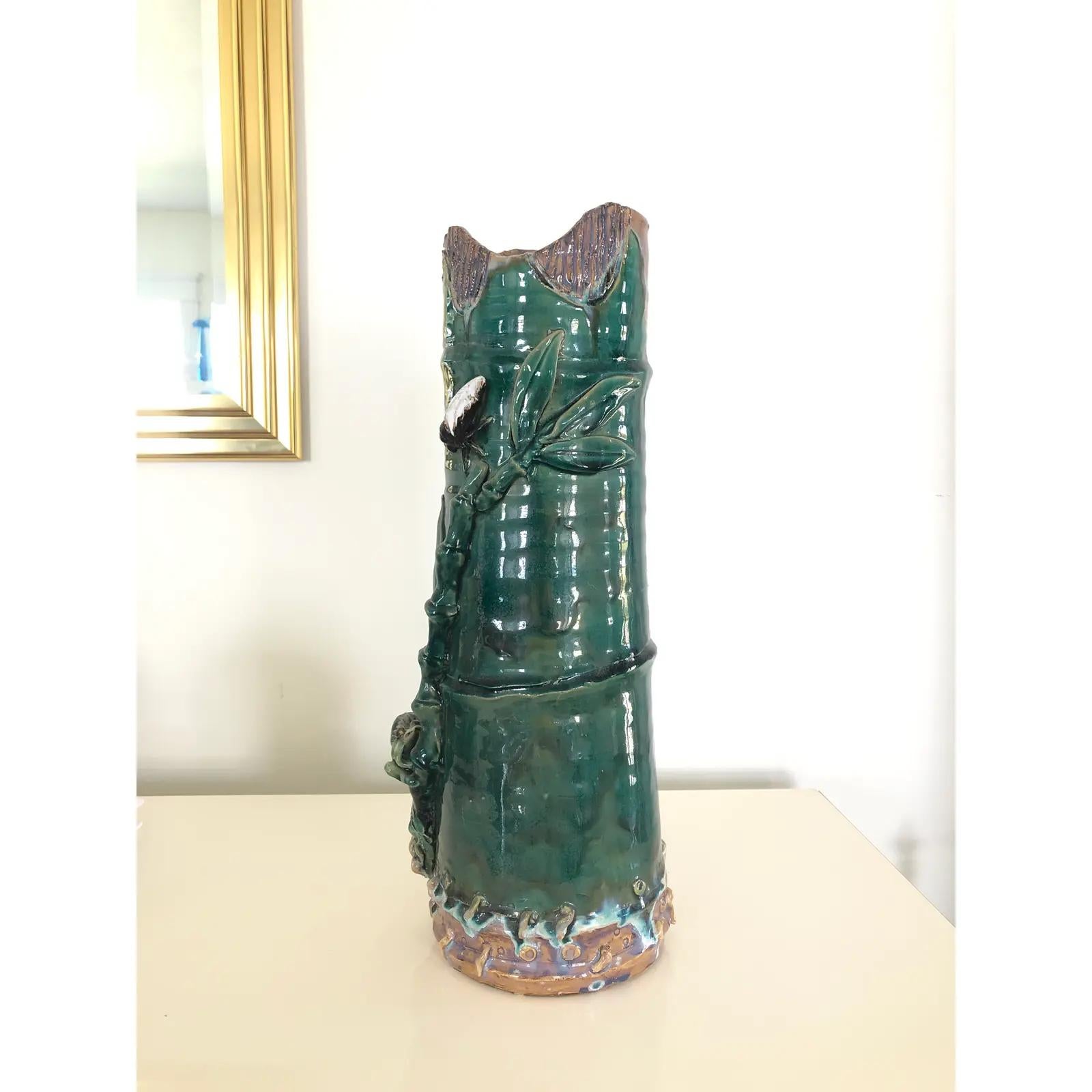 Unknown Vintage Majolica Stick or Umbrella Stand Fly Frog Bamboo Motif For Sale