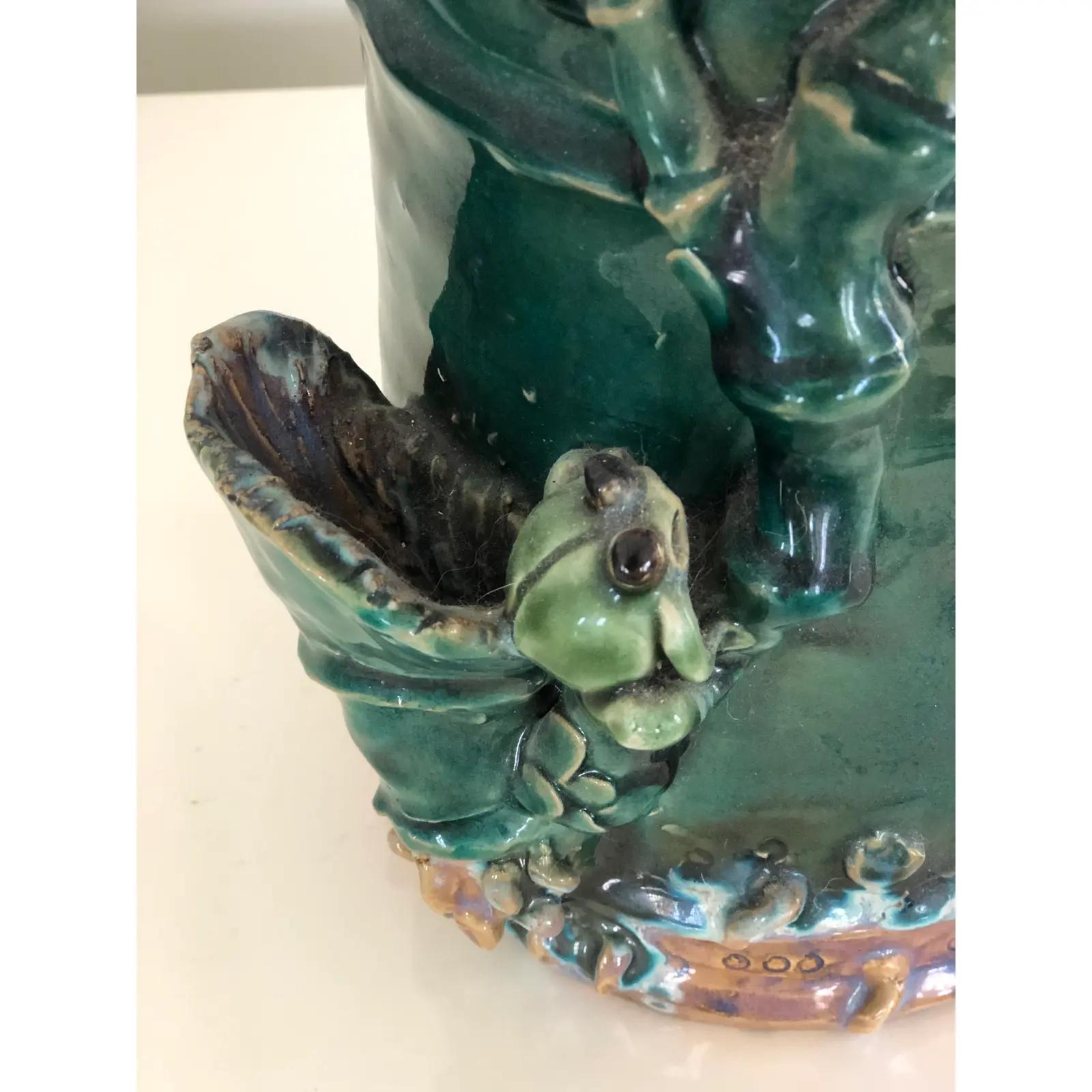 Vintage Majolica Stick or Umbrella Stand Fly Frog Bamboo Motif In Good Condition For Sale In W Allenhurst, NJ