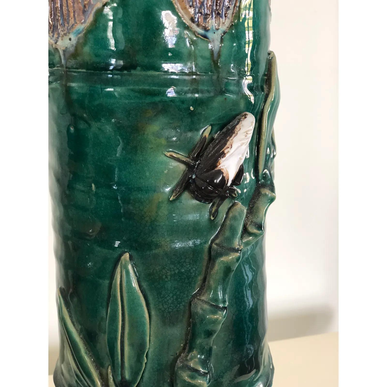 20th Century Vintage Majolica Stick or Umbrella Stand Fly Frog Bamboo Motif For Sale