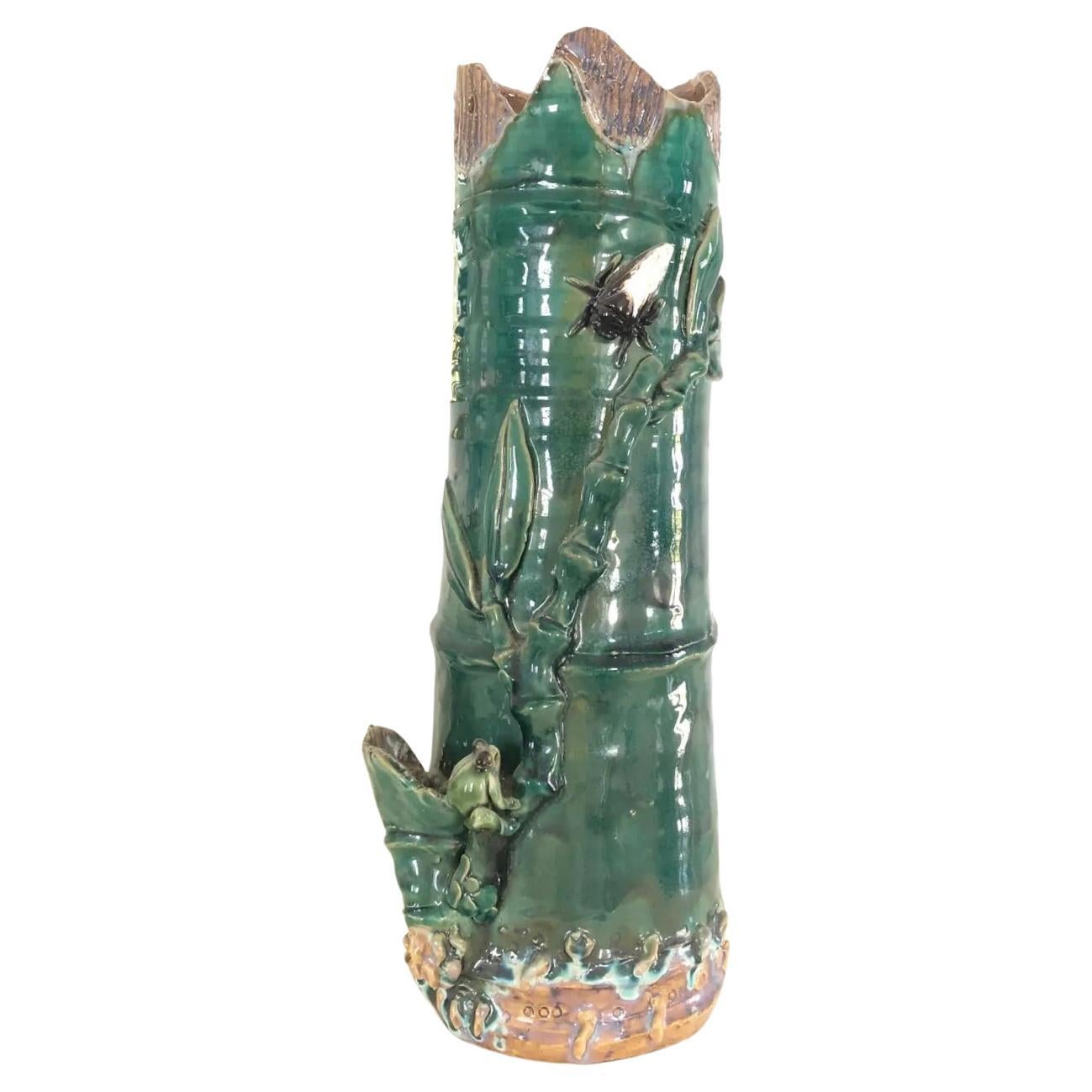 Vintage Majolica Stick or Umbrella Stand Fly Frog Bamboo Motif For Sale