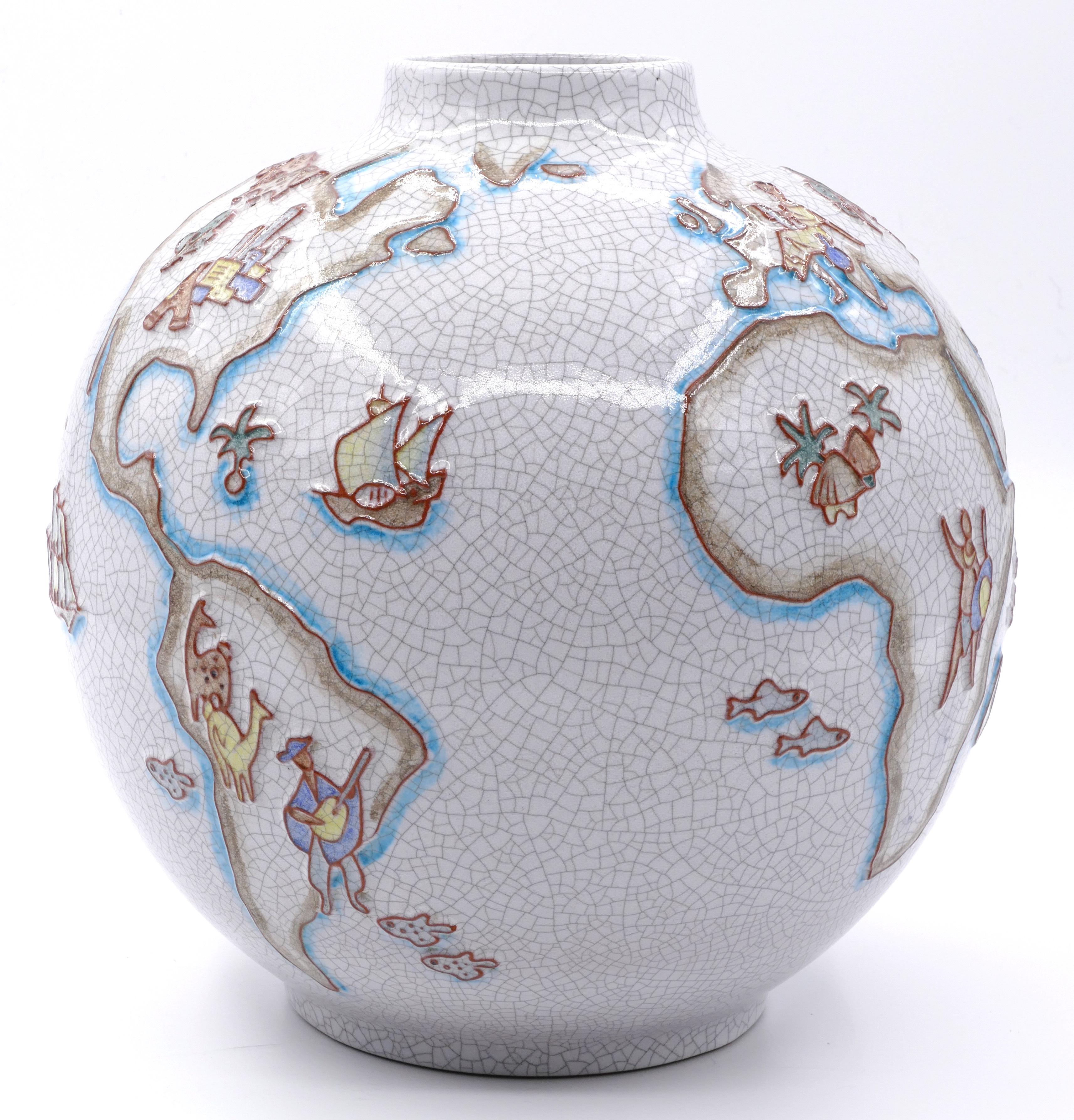 Mid-Century Modern Vintage Majolica vase with world map, by Karl-Heinz Feisst, Germany, 1955