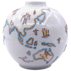 Vintage Majolica vase with world map, by Karl-Heinz Feisst, Germany, 1955