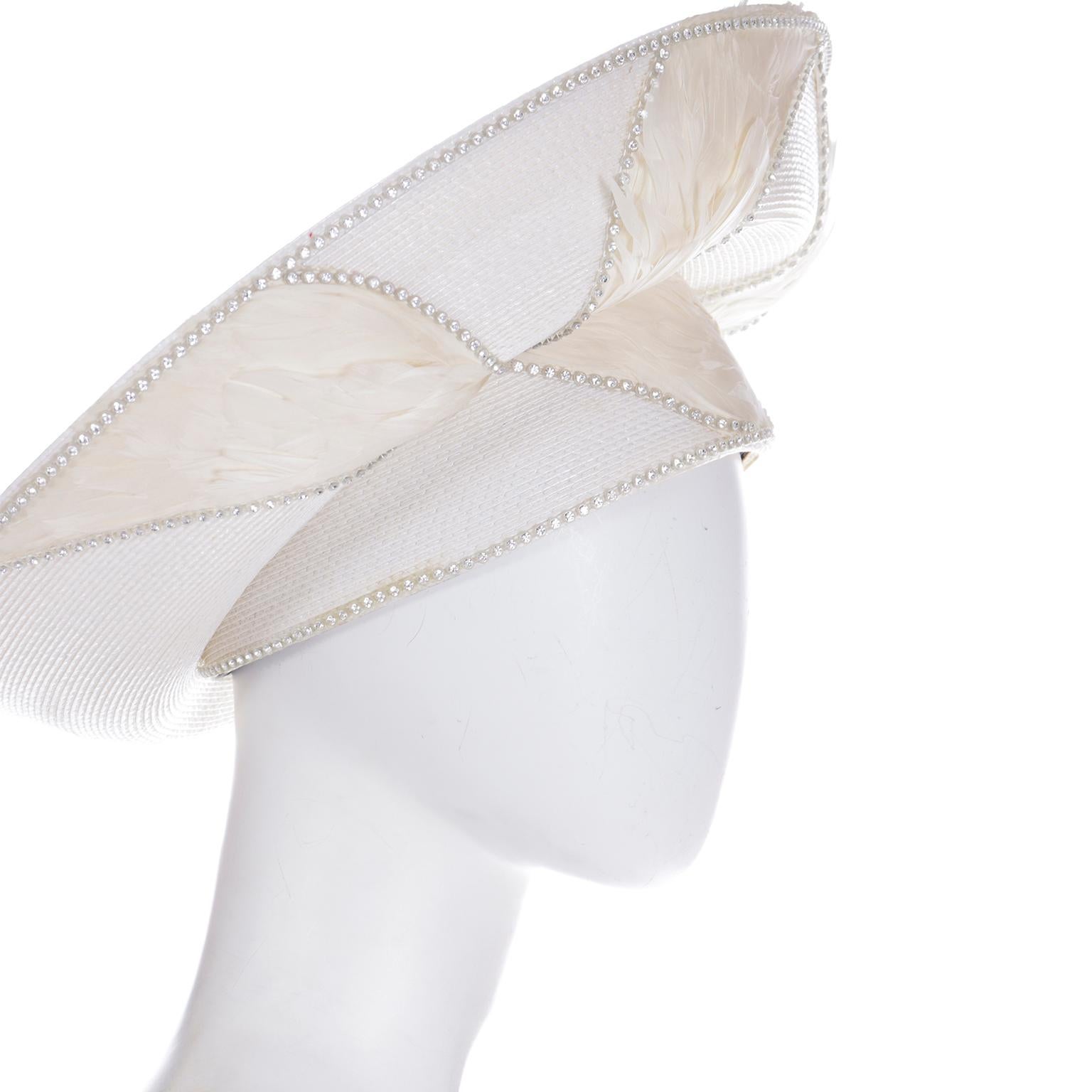 Vintage Makins White & Cream Straw & Feather Statement Derby Church Hat 1