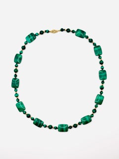 Vintage Malachite, 14K Gold Bead Necklace, Graduated Plaque Design, 50cm
