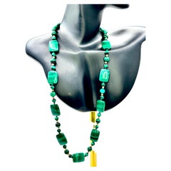 Vintage Malachite and Gold Necklace, 14K Gold, Handcrafted Beads & Plaques, 50cm