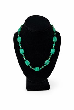 Vintage Malachite, 14K Gold Bead Necklace, Graduated Plaque Design, 50cm