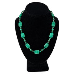 Vintage Malachite, 14K Gold Bead Necklace, Graduated Plaque Design, 50cm