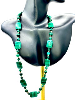 Vintage Malachite, 14K Gold Bead Necklace, Graduated Plaque Design, 50cm
