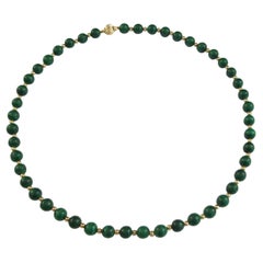 Retro Malachite & 14K Gold Beaded Necklace - France - Late 20th Century