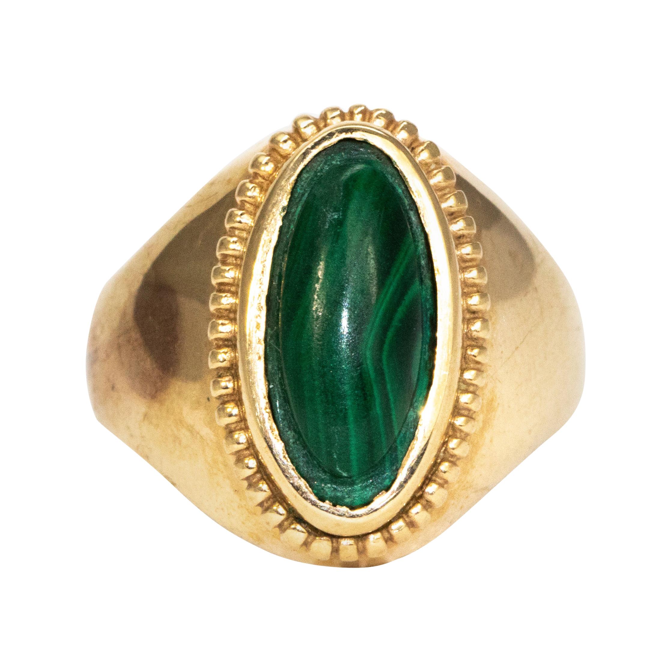 Vintage Malachite and 9 Carat Gold Signet Ring For Sale