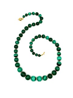 Vintage Malachite Bead Necklace, Graduated, 18k Gold Spacers & Clasp, 53cm long