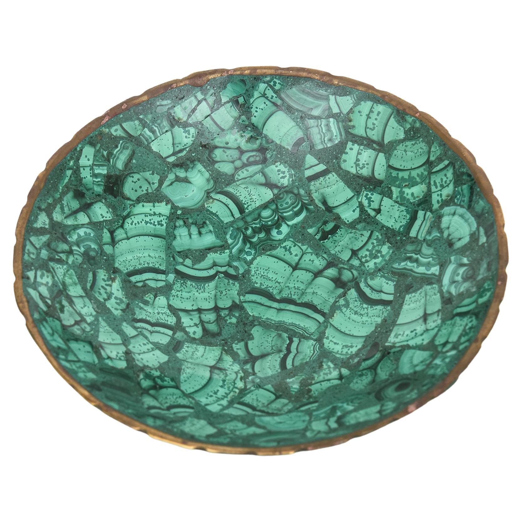 Vintage Malachite Bowl With Brass Rim For Sale