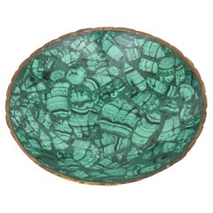 Vintage Malachite Small Bowl With Brass Scalloped Rim