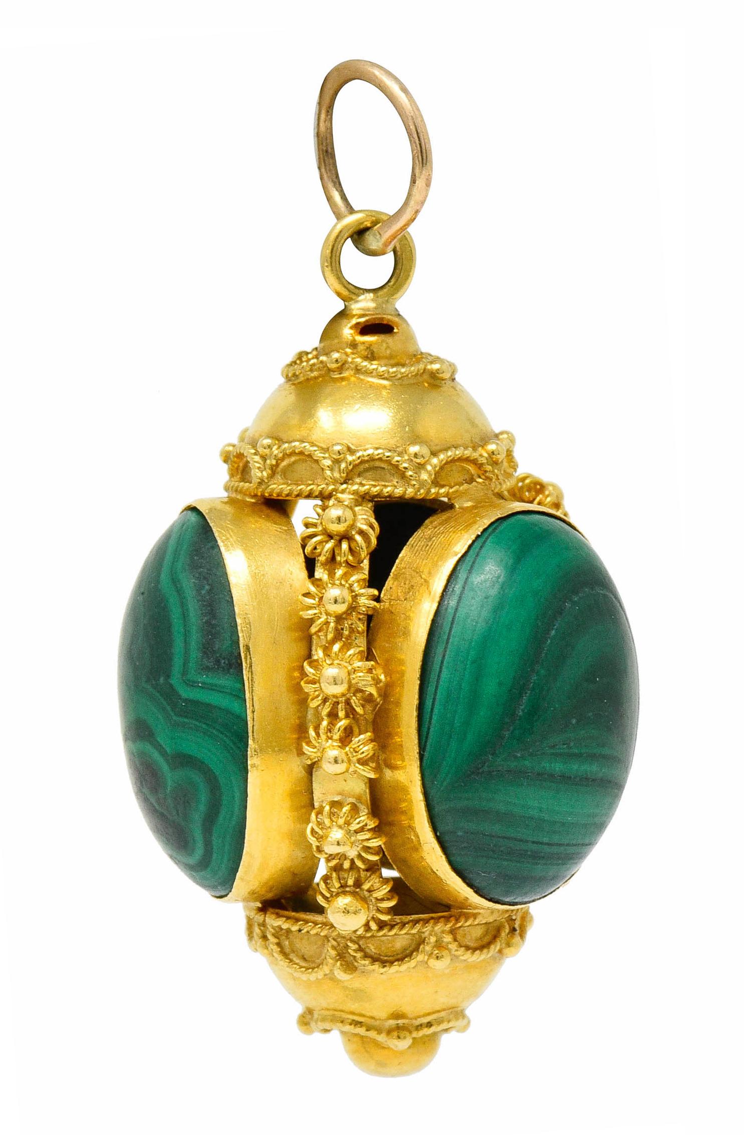 Vintage Malachite Cabochon 18 Karat Gold Decorous Pendant In Excellent Condition In Philadelphia, PA
