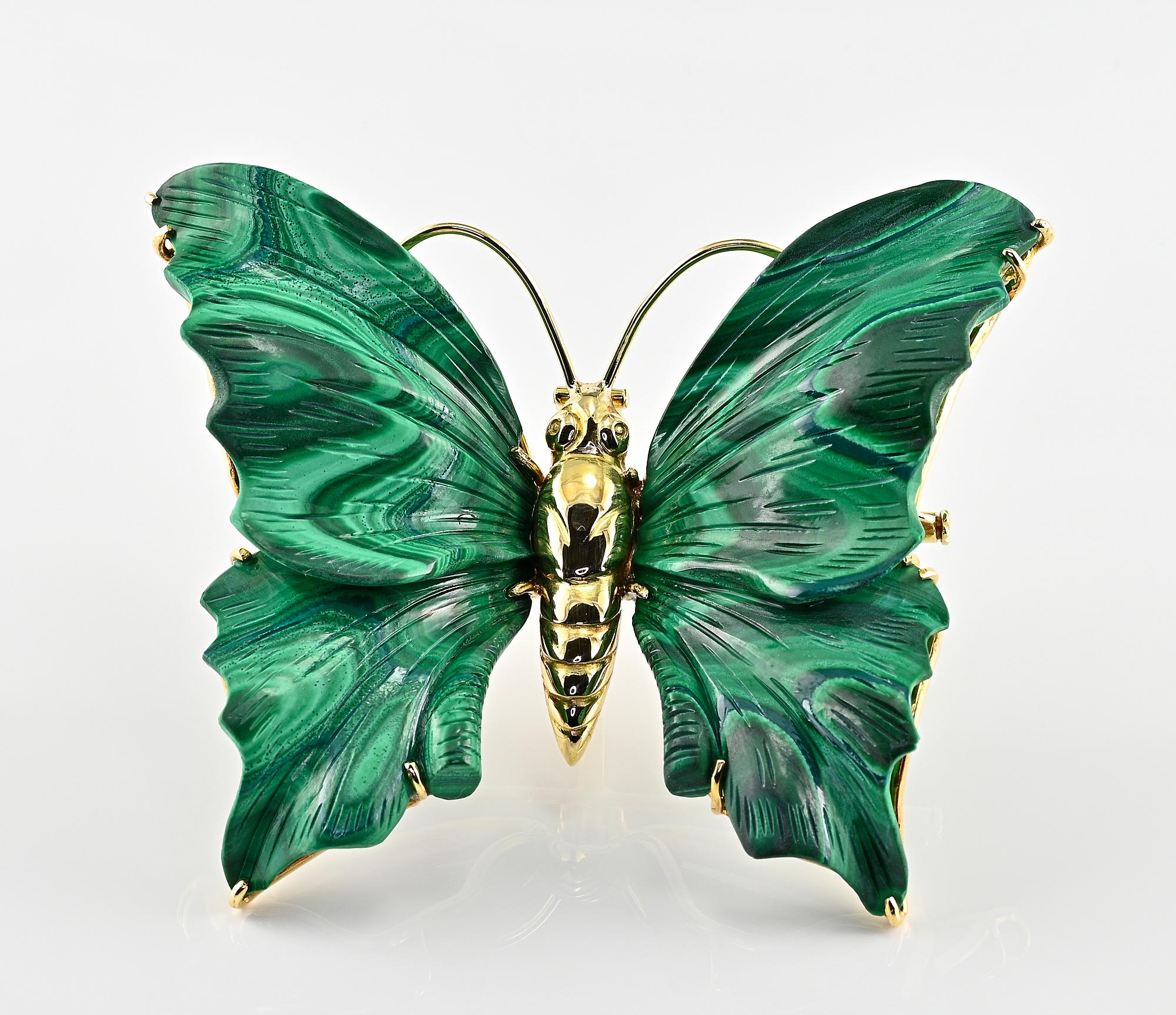Contemporary Vintage Malachite Carved Butterfly 18 KT Brooch Pendant For Sale